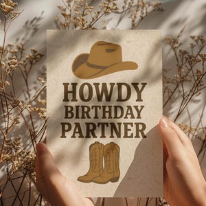 Printable Western Birthday Greeting Card | Howdy Cowboy Card | Rustic Country Boots Hat Theme | Digital Download | PNG | PDF