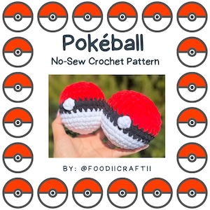 May include: A crochet pattern for a Pokéball, a red and white ball with a black button. The pattern is no-sew and is by @foodiicraftii.