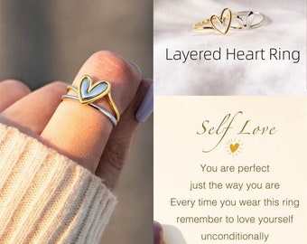 Self Love Ring -Remember to Love Yourself Unconditionally - Self Reminder Gift -Unique Gift For Her- Layered Heart Ring - Gift for Daughter