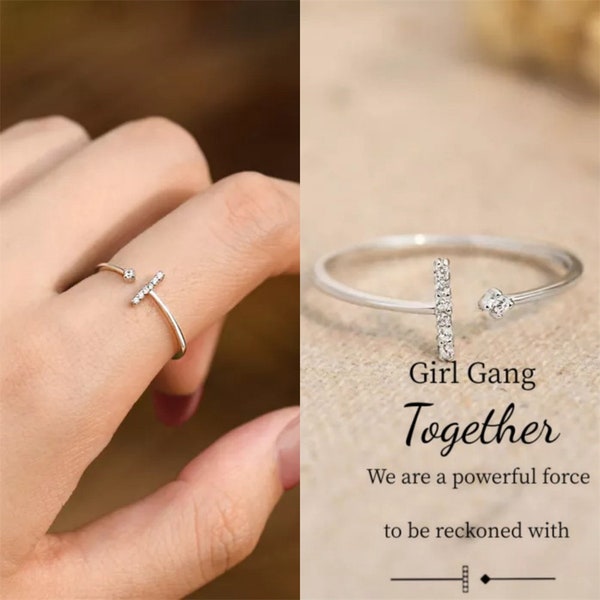 Bague minimaliste en forme de T Girl Gang - Cadeau du meilleur ami - Cadeau pour Bestie - Cadeaux de demoiselle d’honneur uniques - Cadeau d’anniversaire pour elle - Cadeau pour sœur