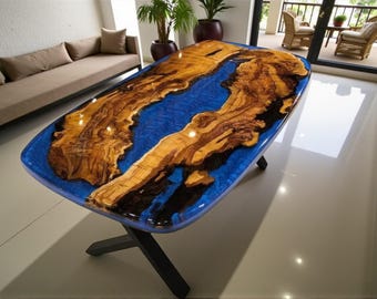 Blue Resin River Dining Table, Oval Walnut, Modern Epoxy Art