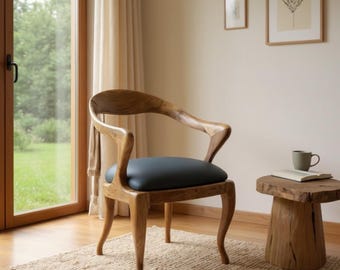 Solid Walnut Wood Dining Chair – Modern Handmade Armchair for Office Room