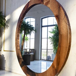 Round Walnut Wood Wall Mirror: Modern Farmhouse Decor
