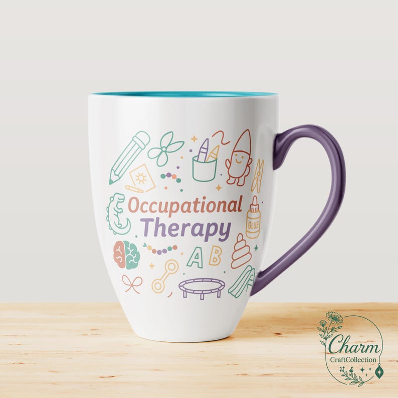 May include: White ceramic mug with a teal interior and a purple handle. The mug is decorated with colorful illustrations and the words "Occupational Therapy". The design includes a pencil, brain, and other therapy-related icons.