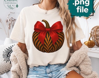 Preppy Tiger Pumpkin PNG: Coquette Bow Fall Sublimation (Digital Download
