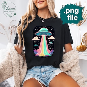 Neon UFO Digital Art: Colorful Alien Spaceship PNG (Digital Download)
