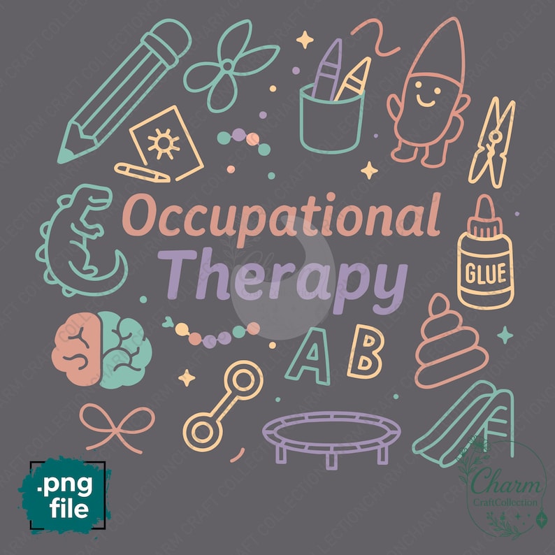 May include: A gray graphic with the words "Occupational Therapy" and various illustrations, including a pencil, scissors, crayons, a gnome, a dinosaur, a brain, a dumbbell, a bow, a trampoline, a slide, and a stack of rings.