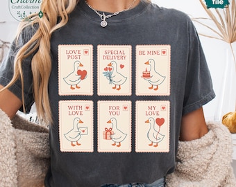 Cute Valentine Goose Postcard Set PNG, Retro Love Stamps, Coquette Pastel Goose Art, Kawaii Valentine Clipart, Digital Download