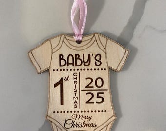 Baby’s First Christmas Ornament 2025 – Personalized Wooden Onesie Keepsake