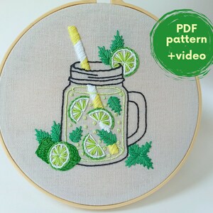 Embroidery Lime Lemonade PDF-pattern - Limeade Embroidery Design summer drink embroidered citrus cocktail mocktail mojito juice in jar mug