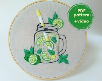 Patrón PDF para bordar limonada de lima - Diseño de bordado de limonada de lima, bebida veraniega bordada, cóctel cítrico, mocktail, mojito, zumo en tarro o taza