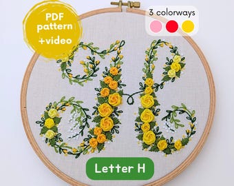 Embroidery letter 'H' PDF pattern - rose embroidery, flower monogram, rose design embroidery file, digital hand embroidery pattern