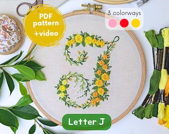 Letter 'J' embroidery PDF pattern - monogram, flower initial, hand embroidery alphabet, floral fonts, embroidery design for birthday gift