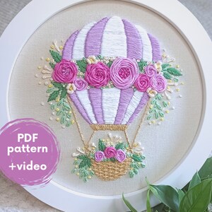 Embroidery PDF-pattern Flower Balloon, tutorial instruction hand embroider beginner designs rose floral modern art hoop custom digital file