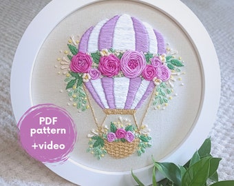Embroidery PDF-pattern Flower Balloon, tutorial instruction hand embroider beginner designs rose floral modern art hoop custom digital file