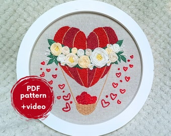 Embroidery PDF pattern - Heart Balloon - hand embroidery designs flower floral rose beginner embroidered file love embroidery design guide
