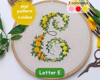 Monogram 'E' embroidery PDF pattern - digital embroidery flower design, floral letter E, wedding monogram, baby name, letters for gift
