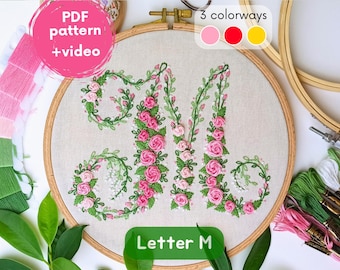 Monogram 'M' embroidery PDF pattern - letter M, digital embroidery design, flower font, monogram for gift