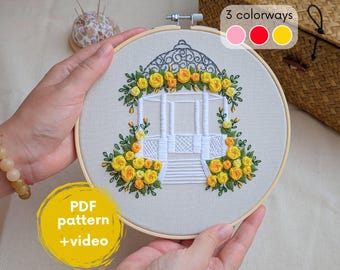 Patrón PDF de glorieta de rosas bordadas - diseño para bordado a mano 3D, bordado de flores, bordado floral, bordado de rosas moderno