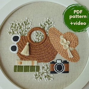 Embroidery PDF-pattern "BAG and HAT" - digital file, embroidery design, boho decor, straw hat, wicker handbag, for beginner, easy, flowers