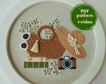 Patrón de bordado en PDF "BOLSO y SOMBRERO" - archivo digital, diseño de bordado, decoración boho, sombrero de paja, bolso de mimbre, para principiantes, fácil, flores