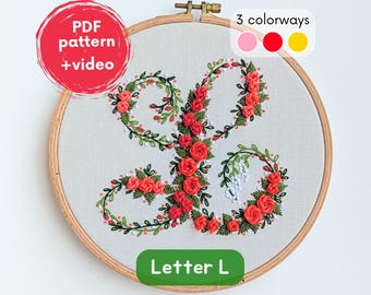 Letter 'L' embroidery pattern PDF tutorial - embroidery design monogram L, flower rose pattern embroidery initial for gift