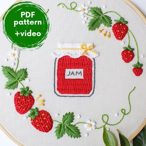 Patrón de bordado en PDF: Mermelada de fresa - Bordado veraniego para principiantes, diseño de cocina, archivos de bordado a mano sencillos, bayas, frutas, comida imagen 1