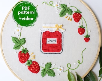 Patrón de bordado en PDF: Mermelada de fresa - Bordado veraniego para principiantes, diseño de cocina, archivos de bordado a mano sencillos, bayas, frutas, comida