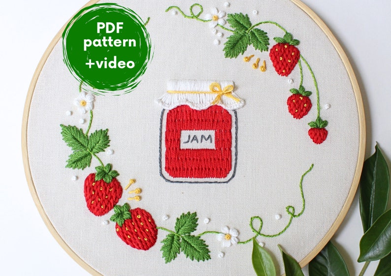 Patrón de bordado en PDF: Mermelada de fresa - Bordado veraniego para principiantes, diseño de cocina, archivos de bordado a mano sencillos, bayas, frutas, comida imagen 1
