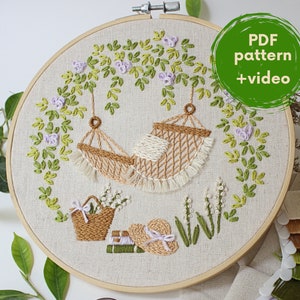 Embroidery PDF-pattern "Hammock" - hand embroidery designs, boho style, for beginner easy digital file, summer, modern embroidery patterns