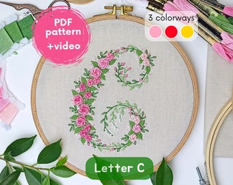 Monogram 'C' embroidery design, PDF pattern - make personalized gift for wedding, custom embroidery files, digital pattern letter ornament