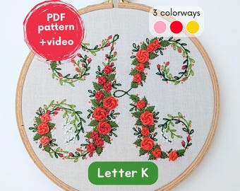 Embroidery pattern letter 'K' - embroidery gift, embroidery monogram, rose embroidery,  embroidery design, PDF pattern file, rose monogram