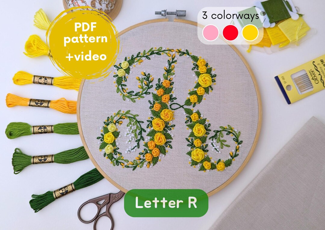 R Pattern Design Embroidery Monogram 'R' PDF Pattern - Rose Letter, Digital Embroidery ...