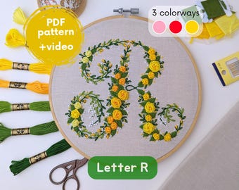 Embroidery monogram 'R' PDF pattern - rose letter, digital embroidery flower design, floral letter R pattern, letters gift, embroidery name