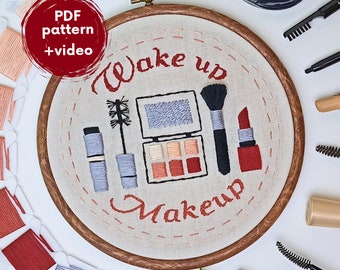 Embroidery PDF pattern MAKEUP - embroidery design for a cosmetic bag, simple hand embroidery files for beginner - lipstick, mascara, blush