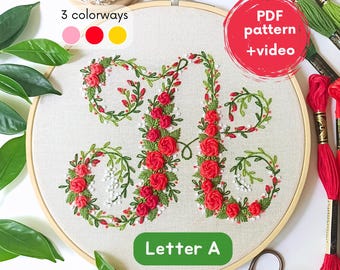 Embroidery Letter ‘A’ PDF Pattern – rose monogram design, floral initial, hand embroidery fonts, alphabet with flower, gift wedding birthday