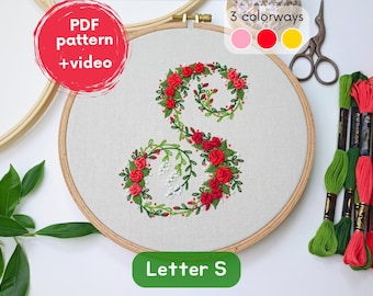 Letter 'S' embroidery PDF pattern - hand embroidery letters, initial handmade, monogram fonts for gift, alphabet letter S, pattern, design