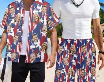 Personalized 4th of July Hawaiian Shirt, Custom Faces Patriotic Aloha Shirts, Independence Day Beach Shorts, Patriotic Gifts