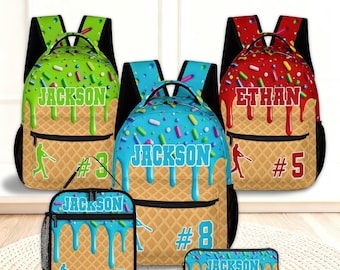 Personalized Ice Cream Drip Baseball Backpack, Custom Name Number Kids Backpack Lunch Box Pencil Case, Back to School Gift for Boys Girls