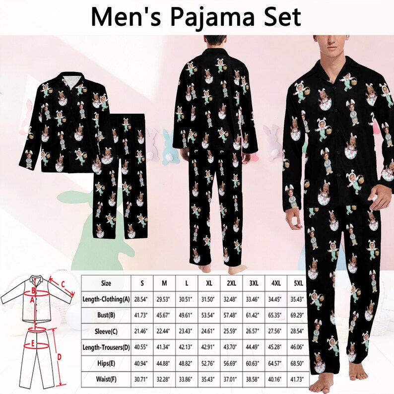 Puede incluir: Conjunto de pijama negro con un estampado integral de conejitos de Pascua en cestas de huevos. El conjunto incluye una camisa con botones y pantalones a juego. La imagen tambi&eacute;n muestra una tabla de tallas con medidas en cm. El texto "Men's Pajama Set" est&aacute; en la parte superior.