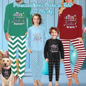 May include: A family matching pajama set with long sleeves and pants. The pajamas are green, red, blue, and black with white stripes or polka dots. The pajamas have a 2025 Family Easter design with personalized names.
