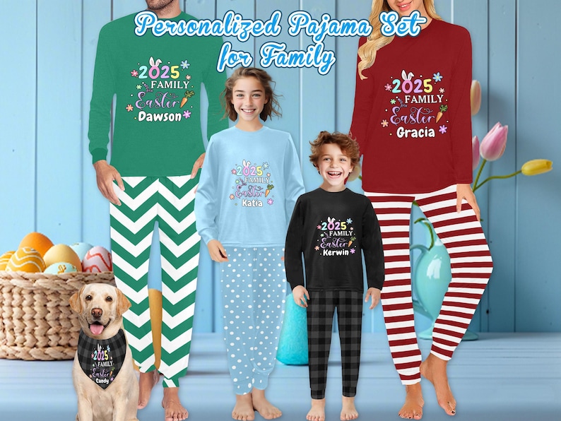 May include: A family matching pajama set with long sleeves and pants. The pajamas are green, red, blue, and black with white stripes or polka dots. The pajamas have a 2025 Family Easter design with personalized names.