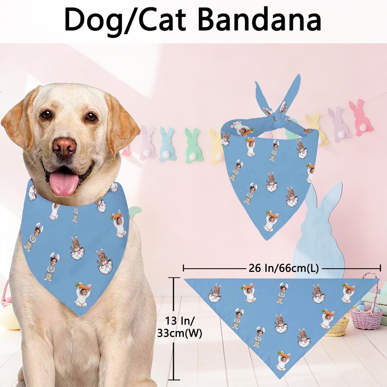Puede incluir: Bandana azul claro para perros con un estampado de conejitos. La bandana mide 66 cm de largo y 33 cm de ancho. La imagen muestra un perro con la bandana y el texto "Dog/Cat Bandana".