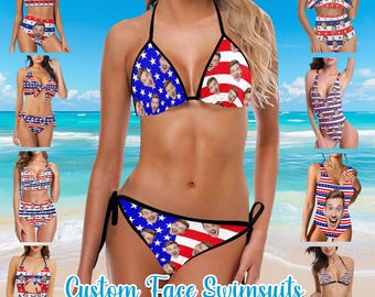 Custom Face American Flag Swimsuit, Personalized Patriotic One/Two Piece Bikini