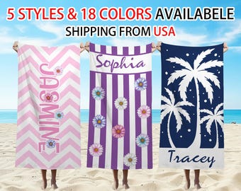 Personalized Retro Striped Beach Towel, Custom Name Bath Towel