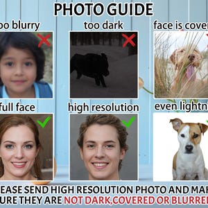 May include: A photo guide with examples of what to avoid when taking photos for a custom portrait. The guide shows examples of photos that are too blurry, too dark, or have a face that is covered. It also shows examples of photos that are high resolution, have a full face, and have even lighting. The text on the guide says "PLEASE SEND HIGH RESOLUTION PHOTO AND MAKE SURE THEY ARE NOT DARK, COVERED OR BLURRED."