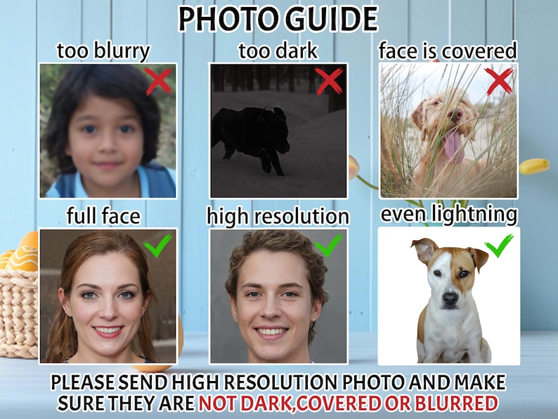 May include: A photo guide with examples of what to avoid when taking photos for a custom portrait. The guide shows examples of photos that are too blurry, too dark, or have a face that is covered. It also shows examples of photos that are high resolution, have a full face, and have even lighting. The text on the guide says "PLEASE SEND HIGH RESOLUTION PHOTO AND MAKE SURE THEY ARE NOT DARK, COVERED OR BLURRED."