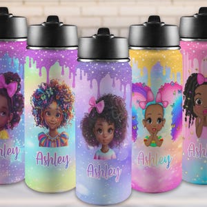 Personalized Name Water Bottles for Kids Girls, Custom Afro Girls Stainless Steel Insulated Water Bottle Cups, Back to School Gifts for Her