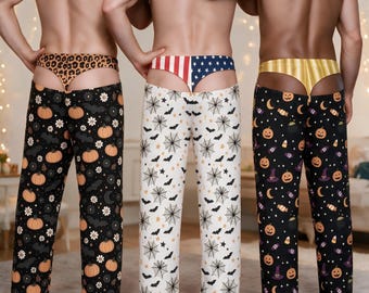 Custom Men's Halloween Pajama Pants,  Funnny Fake Butt Bottoms,Personalized Prank Pjs Gift for Him