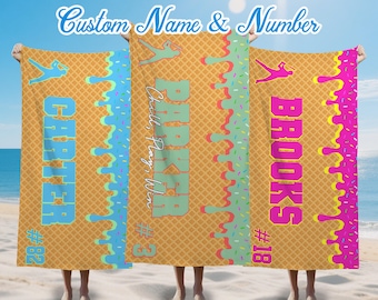 Personalized Baseball Beach Towel, Ice Cream Drip Design, Team Gift